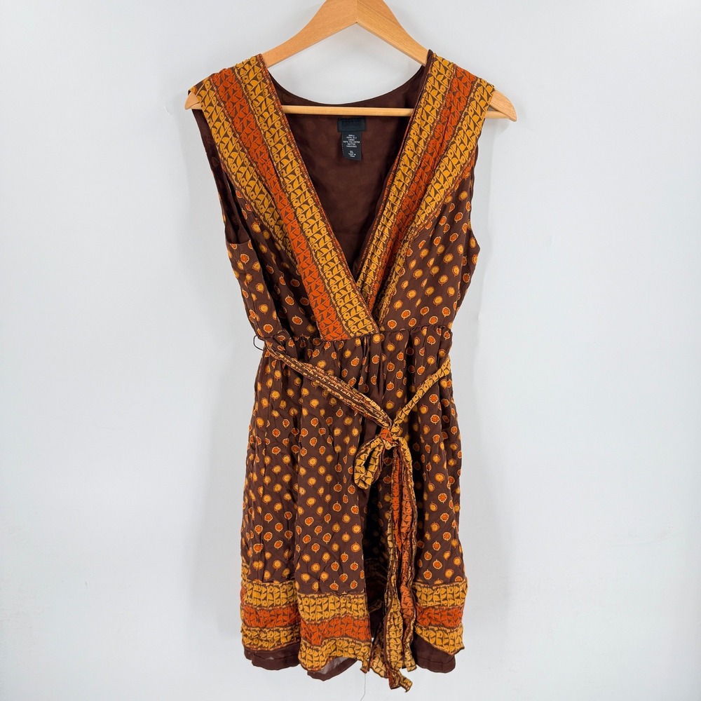 Anna Sui 100% Silk Dress Brown XL Geometric Boho Sleeveless Mini Wrap Fall Artsy